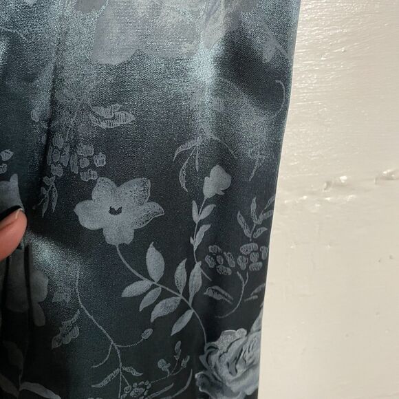 Vintage Dark Teal Satin Maxi Dress Floral Empire Waist Tie Back Sleeveless Sz 10 - Picture 10 of 11